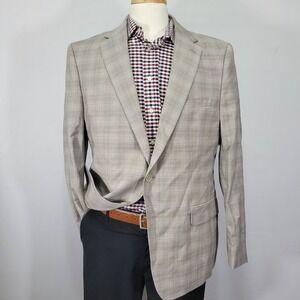 Calvin Klein Men's Sport Coat Blazer Two Button Taupe Plaid WOOL Blend XSLIM 46R